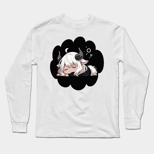 Adorable Anime Chibi Taurus Zodiac Sleeping Little Astro Girl Long Sleeve T-Shirt by The Little Store Of Magic